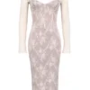 Saisha Elfenbeinfarbenes Midi-Kleid mit langen Ärmeln und Spitze