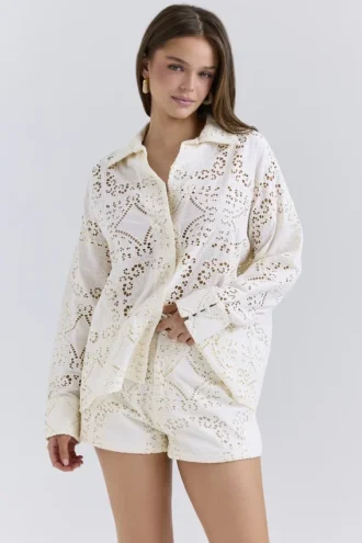 Samah Weißes Baumwoll-Hemd mit Broderie Anglaise