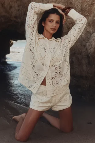 Samah Weißes Baumwoll-Hemd mit Broderie Anglaise