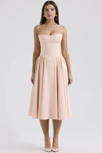 Samaria Peach Parfait Twill Korsetts-Midi-Kleid