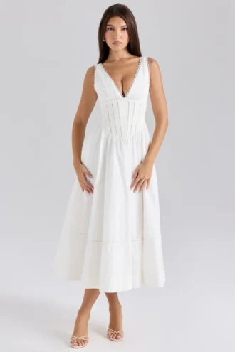 Samia – Weißes Midi-Sommerkleid aus Stretch-Baumwolle Samia – Weißes Midi-Sommerkleid aus Stretch-Baumwolle