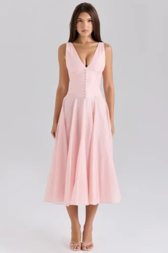 Samira – Midi-Kleid aus rosa Chiffon mit Knöpfen