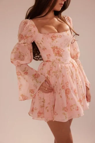 Sancia Mini-Kleid im englischen Vintage-Stil mit Rosenprint und Puffärmeln
