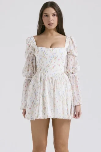 Sancia Weißes Mini-Kleid mit Puffärmeln und Posy-Print