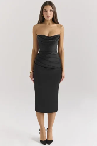 Santana Schwarzes, trägerloses Midikleid aus Satin