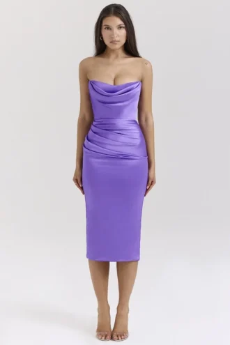 Santana – violettes, trägerloses Midi-Korsetts-Kleid aus Satin