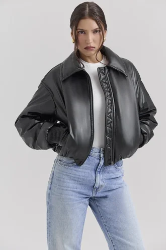 Sante Schwarze Bomberjacke aus veganem Leder