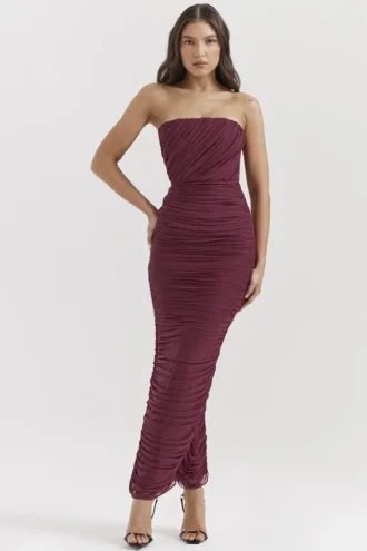 Sapphire Weinrot gerafftes Maxikleid