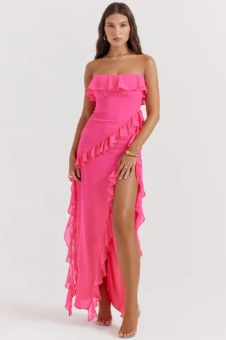 Sarina Fuchsia Rüschen-Maxikleid