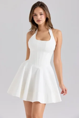 Sasha Weißes Stretch-Baumwoll-Minikleid mit Neckholder