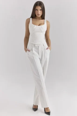 Hayden – Weiße, taillierte Hose mit Nadelstreifen und hoher Taille