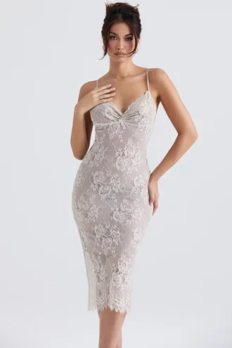 Serelle Midi-Kleid aus antik-elfenbeinfarbener Spitze