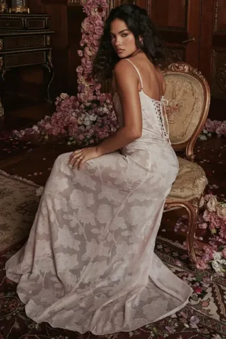 Seren – Maxikleid in zartem Rosa mit floraler Spitze am Rücken