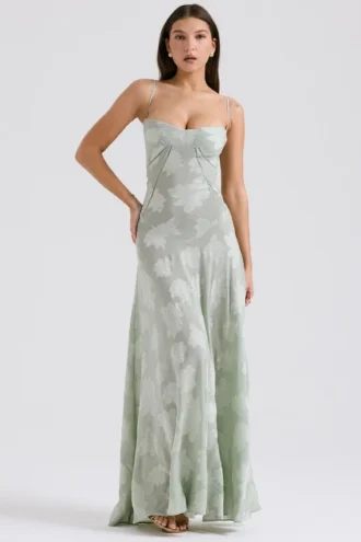 Seren Pistaziengrünes Maxikleid mit Blumenmuster und Schnürung am Rücken