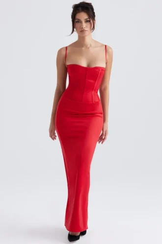 Shani Rotes Satin-Korsetts-Maxikleid