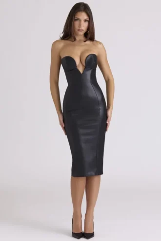 Shia – Schwarzes, trägerloses Midi-Kleid aus veganem Leder