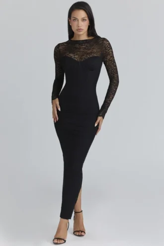 Shiloh – Langärmliges Maxikleid aus schwarzer Spitze mit Korsett