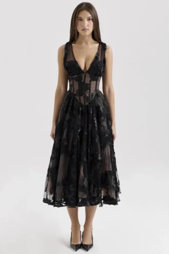Sianna – Schwarzes Midi-Korsetts-Kleid aus besticktem Tüll