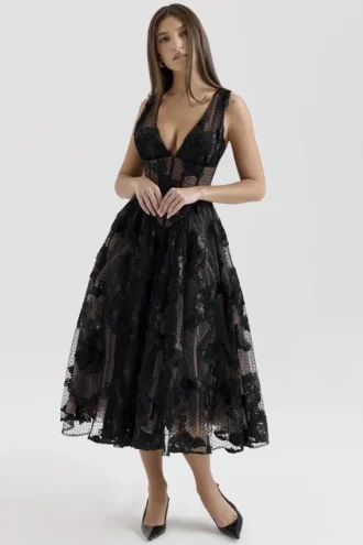 Sianna – Schwarzes Midi-Korsetts-Kleid aus besticktem Tüll
