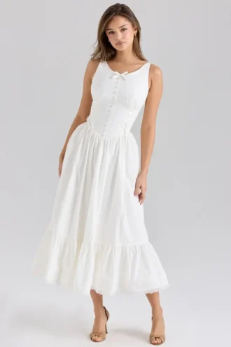 Sienna – Weißes Midi-Kleid aus Stretch-Baumwolle mit Schnürung