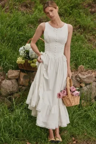 Sienna – Weißes Midi-Kleid aus Stretch-Baumwolle mit Schnürung