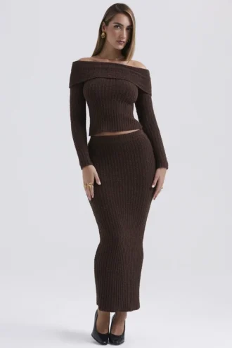Sloane Maxi-Rock aus weichem Baumwollbouclé in Schokoladenbraun