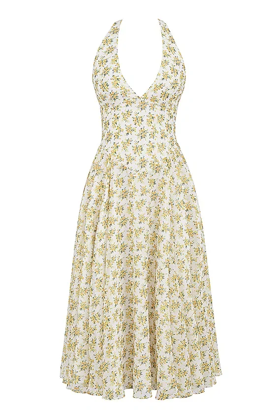Solada Elfenbeinfarbenes Sommerkleid aus Georgette mit Vintage-Blumenprint und Neckholder Solada Elfenbeinfarbenes Sommerkleid aus Georgette mit Vintage-Blumenprint und Neckholder