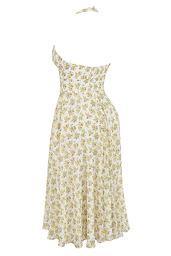 Solada Elfenbeinfarbenes Sommerkleid aus Georgette mit Vintage-Blumenprint und Neckholder Solada Elfenbeinfarbenes Sommerkleid aus Georgette mit Vintage-Blumenprint und Neckholder
