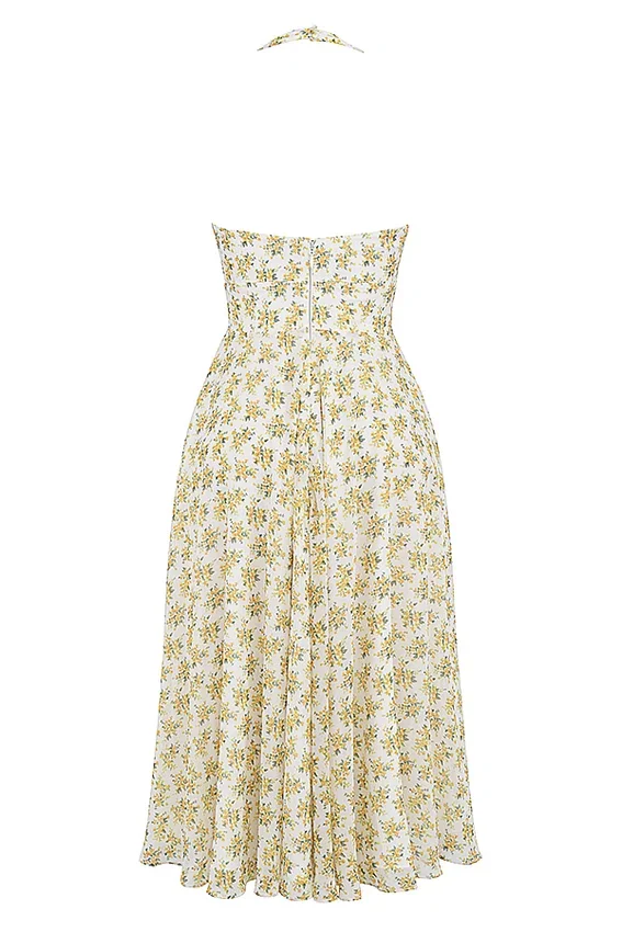 Solada Elfenbeinfarbenes Sommerkleid aus Georgette mit Vintage-Blumenprint und Neckholder Solada Elfenbeinfarbenes Sommerkleid aus Georgette mit Vintage-Blumenprint und Neckholder