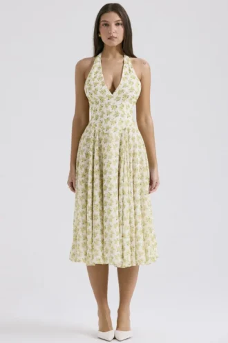 Solada Elfenbeinfarbenes Sommerkleid aus Georgette mit Vintage-Blumenprint und Neckholder