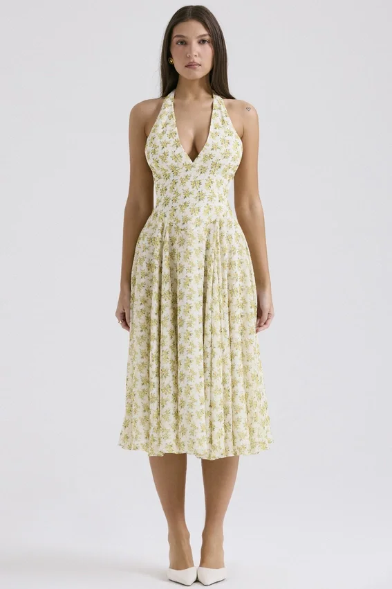 Solada Elfenbeinfarbenes Sommerkleid aus Georgette mit Vintage-Blumenprint und Neckholder Solada Elfenbeinfarbenes Sommerkleid aus Georgette mit Vintage-Blumenprint und Neckholder