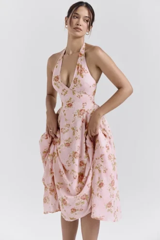 Solada – Englisches Vintage-Rosenmuster, Georgette-Halter-Sommerkleid