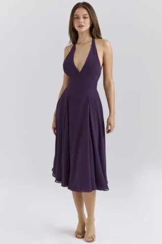 Solada Grape Georgette Neckholder-Sommerkleid