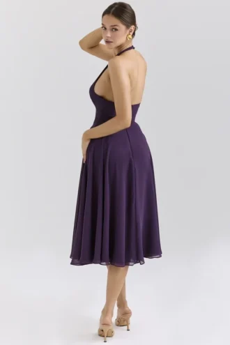Solada Grape Georgette Neckholder-Sommerkleid