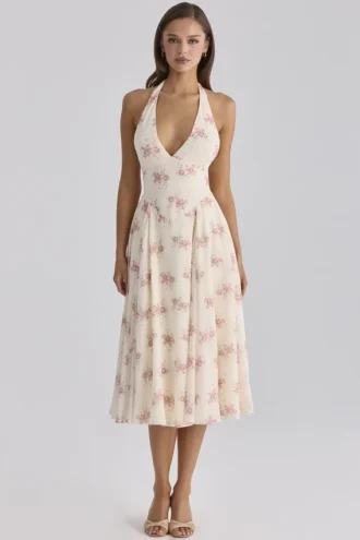 Solada Midi-Halterkleid aus Georgette mit Vintage-Rosenprint in Elfenbein