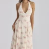 Solada Midi-Halterkleid aus Georgette mit Vintage-Rosenprint in Elfenbein Solada Midi-Halterkleid aus Georgette mit Vintage-Rosenprint in Elfenbein