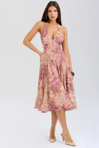 Solada Paisley-Patchwork-Print Georgette-Halter-Sommerkleid
