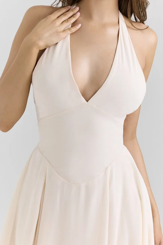 Solada Vintage-Halter-Sommerkleid aus cremefarbenem Georgette Solada Vintage-Halter-Sommerkleid aus cremefarbenem Georgette