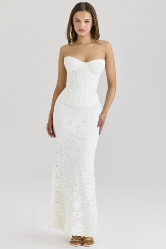 Solaine Elfenbeinfarbenes Spitzen-Korsetts-Maxikleid