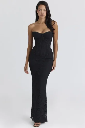 Solaine – Schwarzes Spitzen-Korsetts-Maxikleid