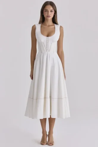 Solana – Weißes Midi-Sommerkleid aus Baumwolle mit Taillengürtel