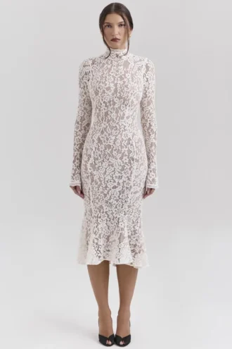 Sophia Vintage Elfenbeinfarbenes, figurbetontes Midi-Kleid aus Spitze