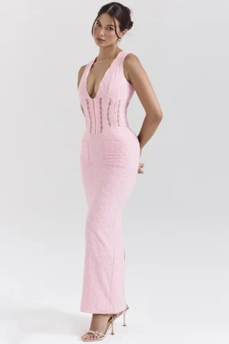 Sophina Perfectly Pink Broderie Anglais Plunge-Maxikleid
