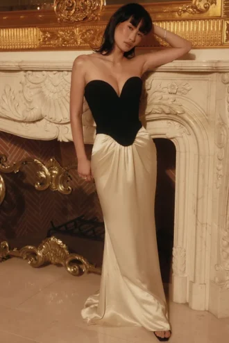 Sorcha Maxikleid in Schwarz und Champagner mit Korsetts