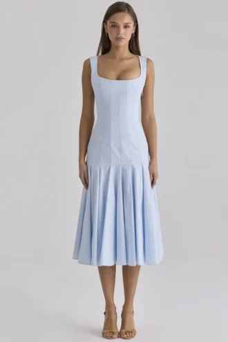 Soretta Blaues, plissiertes Midi-Kleid aus Baumwolle mit Schnürung