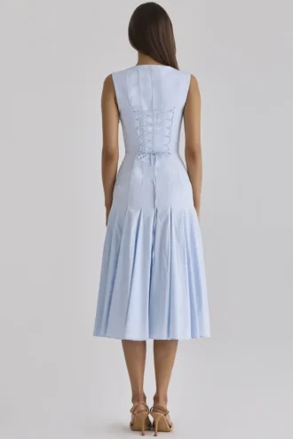 Soretta Blaues, plissiertes Midi-Kleid aus Baumwolle mit Schnürung
