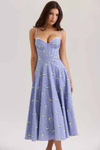 Steffani Blaues Midi-Sommerkleid aus Stretch-Baumwolle mit Gänseblümchen-Print