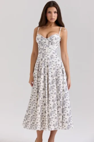 Steffani Cremefarbenes Midi-Sommerkleid aus Stretch-Baumwolle mit Blumenprint