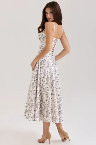 Steffani Cremefarbenes Midi-Sommerkleid aus Stretch-Baumwolle mit Blumenprint