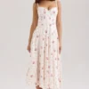 Steffani Weißes Midi-Sommerkleid aus Stretch-Baumwolle mit Rosenprint Steffani Weißes Midi-Sommerkleid aus Stretch-Baumwolle mit Rosenprint